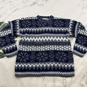Rose Womens Vintage 80s Nordic Fair Isle Pullover Sweater Sz L Blue White Heart